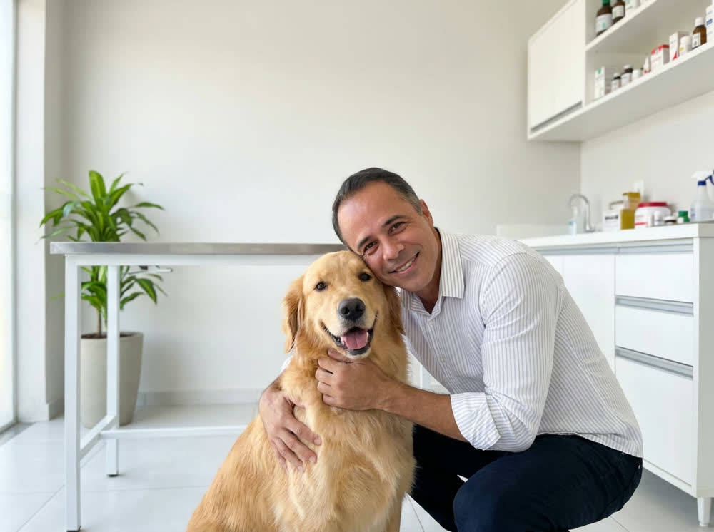 Danyel, da equipe da Seyfe, abraçado com um golden